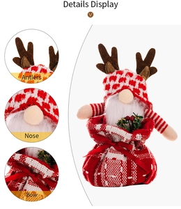 Close-up detail of Christmas gnome decoration showing antlers, nose, and ribbon bow