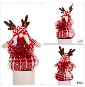Three-sided view of Christmas reindeer gnome gift bag with red plaid knit hat