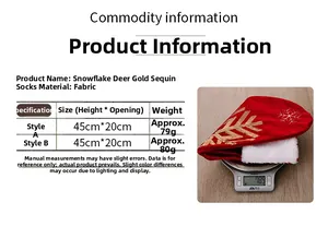 Detailed size chart and weight measurement for gold sequin reindeer Christmas stockings