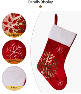 Detail of red Christmas stocking with golden sequins, white plush cuff and snowflake patterns