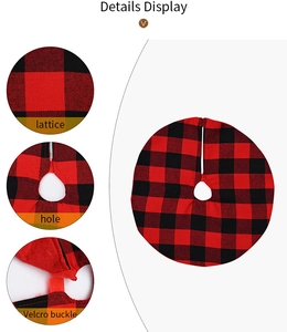 Detail view of red and black buffalo plaid Christmas tree skirt with Velcro buckle