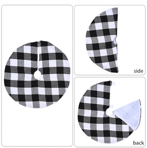 Detailed views of mini buffalo check Christmas tree skirt showing front side and back closure