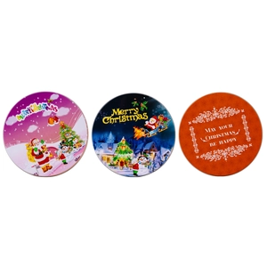 Three-piece Christmas tinplate coaster set with festive Santa and snowman prints