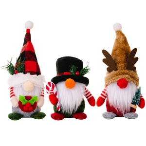 Three Christmas gnomes featuring plaid hat, antlers, and candy cane for holiday decor