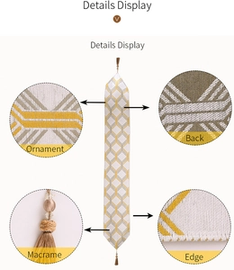 Detail view of gold and grey geometric table runner with tassels and woven texture