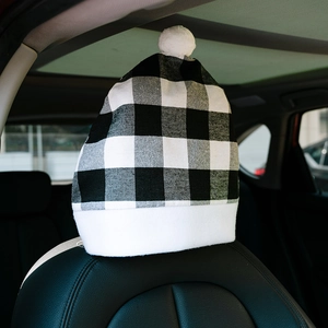 Christmas buffalo plaid car headrest cover with white plush pompom for festive car decor