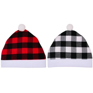 Set of red and black buffalo plaid Christmas chair covers with white pom-poms