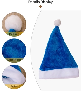 Makroansicht der blauen Plüsch-Weihnachtsmütze mit weißem Rand und weichem Innenfutter