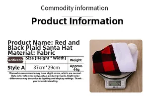 Size chart and weight details for red and black plaid Christmas hat with plush trim