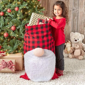 Large Christmas Gnome Gift Bag Red Black Buffalo Plaid Drawstring Sack Faux Fur Beard Reusable Holiday Gift Packaging Bag