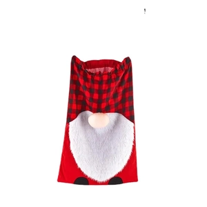 Christmas gnome gift bag featuring red black plaid hat and white plush beard