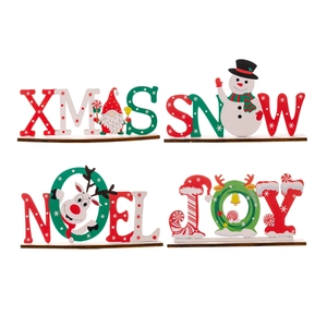 Set di 4 decorazioni natalizie in legno con scritte XMAS SNOW NOEL e JOY da scrivania
