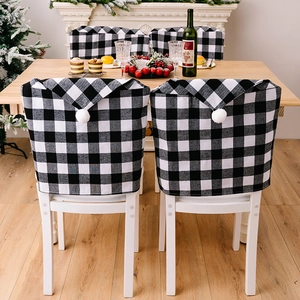 Housses De Dossier De Chaise De Noël Motif Écossais Forme Bonnet De Père Noël Avec Pompon Blanc Polyester Décoration Fête