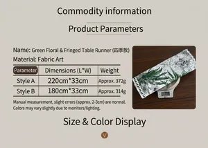 Size chart showing weights for dark green floral tassel table runners on an electronic scale