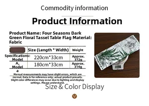 Size chart showing weights for dark green floral tassel table runners on an electronic scale