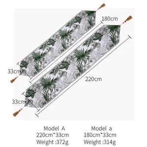 Size chart showing 180cm and 220cm table runner dimensions with tassel details