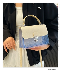 Détail du rabat beige et du sac en PVC bleu transparent avec motif de treillis diamant