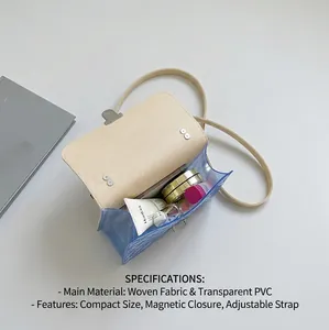 Vue de la capacité interne d'un sac bandoulière bleu transparent avec rabat beige tissé