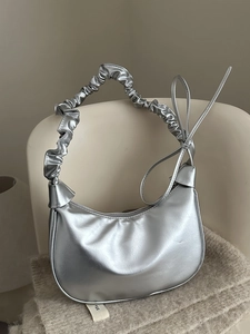 Women Pleated Scrunchie Strap Shoulder Bag PU Leather Crescent Hobo Bag Solid Color Fashion Underarm Handbag For Daily Party