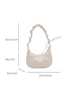 Beige pleated hobo bag with scrunchie handle, minimalist moon-shaped crossbody handbag