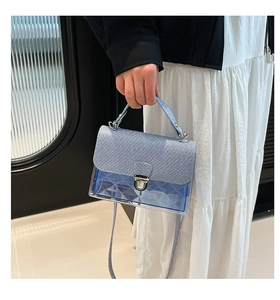 Gros plan du sac bandoulière bleu en PVC transparent avec motif matelassé et denim