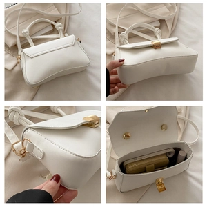 Detailed views of white crossbody bag showing interior capacity and golden hardware