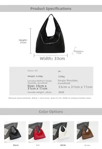 Size guide for hobo bag showing dimensions 33x31x11cm and PU leather material specs