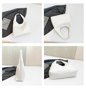 Multi-angle views of white woven hobo bag with detailed texture and crescent shape