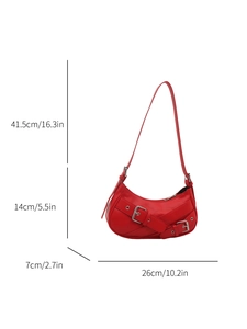 Red moon-shaped underarm handbag with silver buckles and detailed size measurements