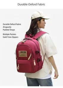 Detail view of burgundy waterproof oxford backpack with adjustable side buckles for travel