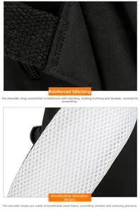 Detail of reinforced stitching and breathable honeycomb mesh padding on the black backpack