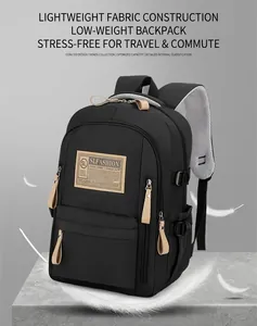 Detail view of water-resistant black backpack with breathable mesh shoulder straps and SLFASHION tag