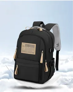 Detail view of water-resistant black backpack with breathable mesh shoulder straps and SLFASHION tag