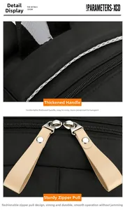 Detail view of thickened webbing handle and beige leather dual zippers on black backpack