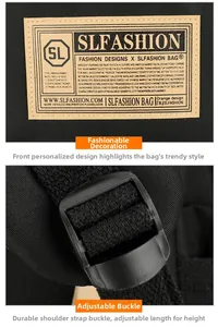 Detail of adjustable shoulder strap buckle and stylish decorative tag on black backpack