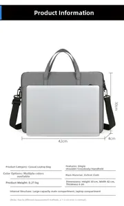 Front view of grey oxford fabric laptop bag with large main compartment and laptop sleeve