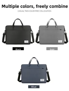 Detailed view of casual business laptop bags in black, grey, and blue water-resistant fabric