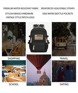 Minimalist black backpack showing usage in cafes, streets, classrooms, and outdoors