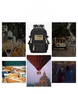 Minimalist black backpack showing usage in cafes, streets, classrooms, and outdoors