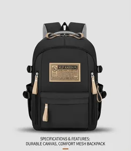 Detail of black commuter backpack with SLFASHION patch and beige zipper pulls