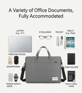 Detailed top view of a grey laptop bag with organized office accessories and gadgets