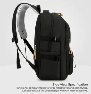 Side view of black ergonomic backpack showing padded mesh straps and adjustment buckles