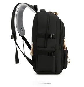 Side view of black ergonomic backpack showing padded mesh straps and adjustment buckles