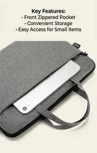 Detail of grey laptop bag showing front zipper pocket and reinforced carrying handle