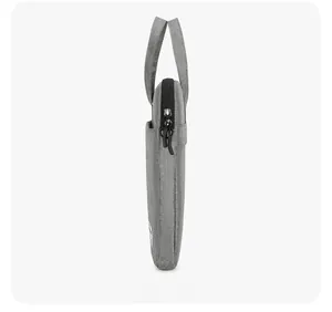 Side view of gray fabric laptop bag with black zipper, handle, and side pocket detail