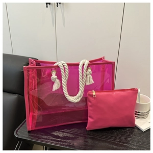 Waterproof rose red transparent PVC tote bag with white cotton rope handles and zipper pouch