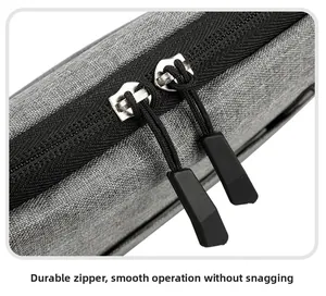 Close-up of smooth dual metal zippers on a gray textured laptop sleeve bag