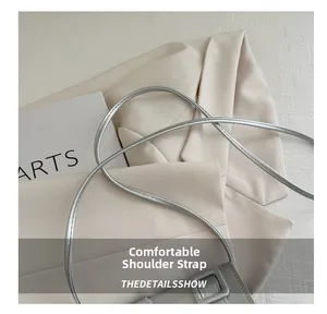 Detail of comfortable silver shoulder strap on a retro crossbody bag with books