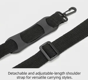 Adjustable black nylon shoulder strap with swivel hook and padded cushion for comfort