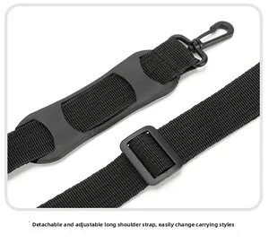 Adjustable black nylon shoulder strap with swivel hook and padded cushion for comfort